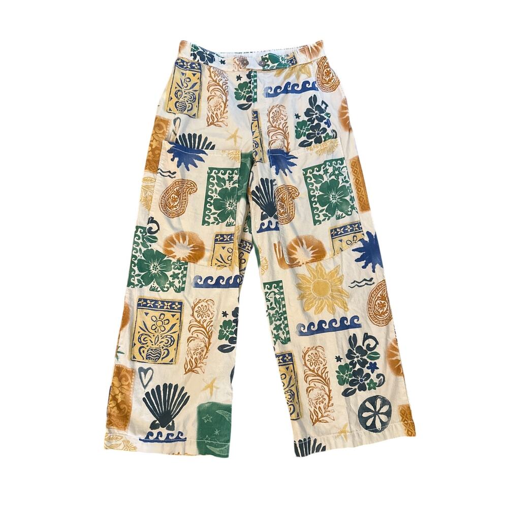 Women S Free People Seaside Pull-On Ivory Combo Summer Stamps Cotton Pants Boho